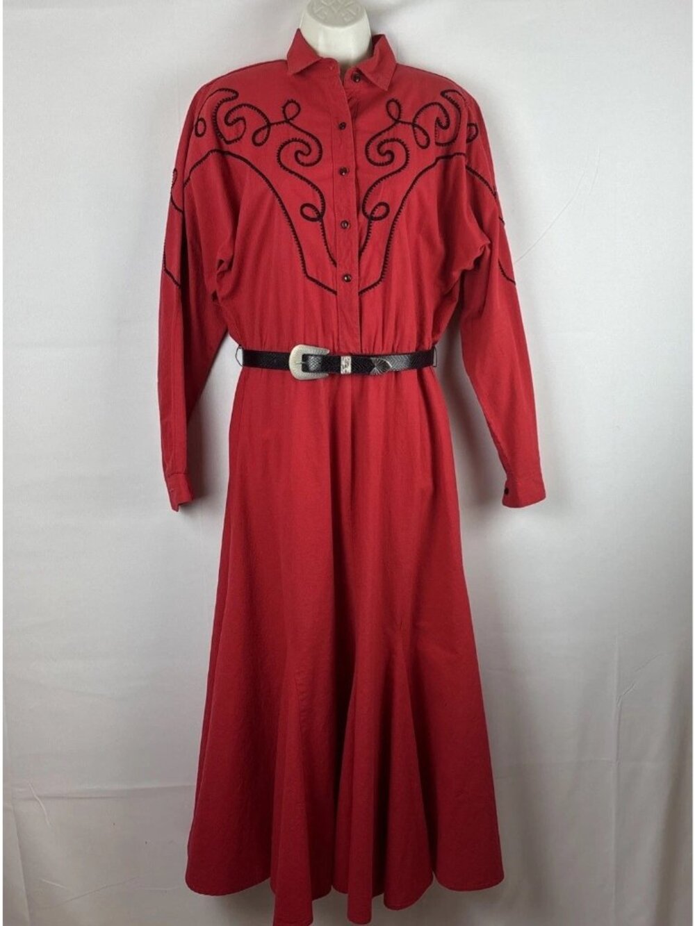Circle T By Marilyn Lenox USA 9-10 Red Black Accents Western Belt Dance Dress - Picture 2 of 10